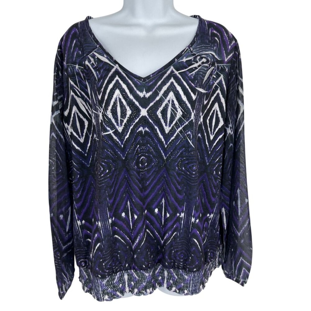 Chico's Sheer Sleeves Pullover Beaded Purple Blouse Elastic Waist Size 3 US XL